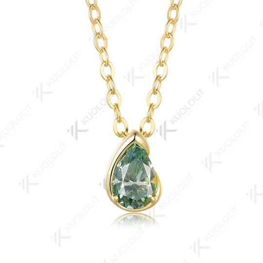 Kuololit 0.5CT Cyan Pear Moissanite Necklace for Women Men Solid 585 14K 10K Yellow Gold Pear Chain for Engagement Christmas