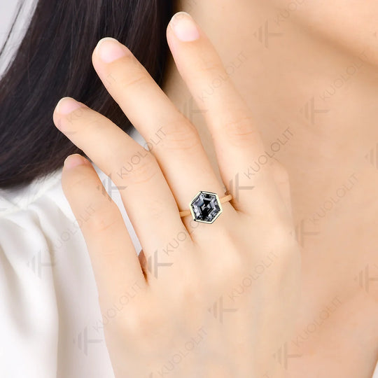 Kuololit 4CT Grey Moissanite Hexagon Cut Custom Set Ring for Women Solid 14K 10K 585 Yellow Gold Ring for Christmas Gifts Party