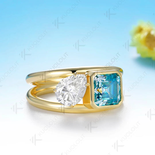 Kuololit Cyan Moissanite Pear Asscher Cut Custom Set Ring for Women Solid 14K 10K 585 Yellow Gold for Christmas Gift Anniversary