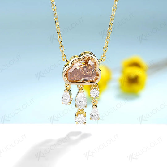 Kuololit 2CT Champagne Cyan Cloudy Moissanite Necklace for Women Solid 14K 10K 585 Rose Gold Wedding Necklace for Christmas Gift