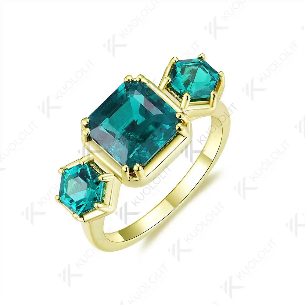 Kuololit 3.8CTW Lab Grown Emerald Rings for Women Solid 10K 585 Yelllow Gold Asscher Ring for Engagement Anniversary Engagement