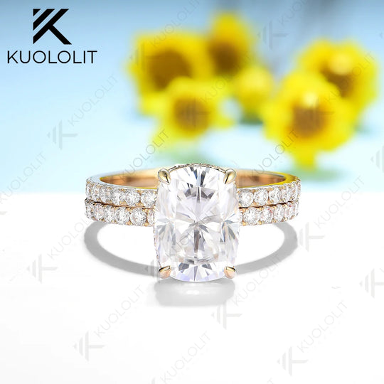 Kuololit 4CT Cushion Cut Moissanite Set Ring for Women Solid 18K 14K 10K 585 Yellow Gold Band for Engagement Wedding Christmas