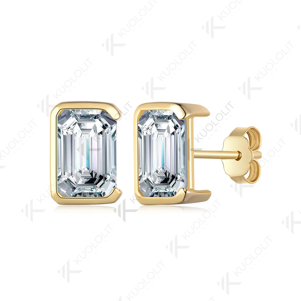 Kuololit 5CTW Emerald Moissanite Stud Earirngs for Women Solid 18K 14K 10K585 Yellow Gold Half Bezel Set Earriings for Christmas