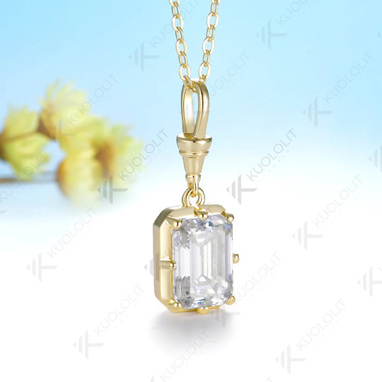 Kuololit 3.5ct Emerald Cut Moissanite Custom Necklace for Women Solid 585 14K 10K Yellow Gold Necklace for Christmas Gifts Party