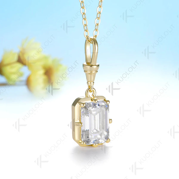 Kuololit 3.5ct Emerald Cut Moissanite Custom Necklace for Women Solid 585 14K 10K Yellow Gold Necklace for Christmas Gifts Party
