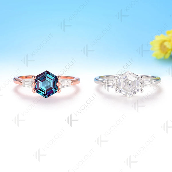Kuololit 2CT Hexagon Lab Grown Alexandrite Ring for Women Solid 585 10K 14K Yellow Gold for Wedding Engagement Christmas Gifts