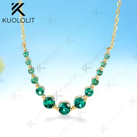 Kuololit 1.3CTW Lab Grown Emerald Necklace for Women Solid 585 14K 10K Yellow Gold Necklace for Christmas Gift Party Anniversary