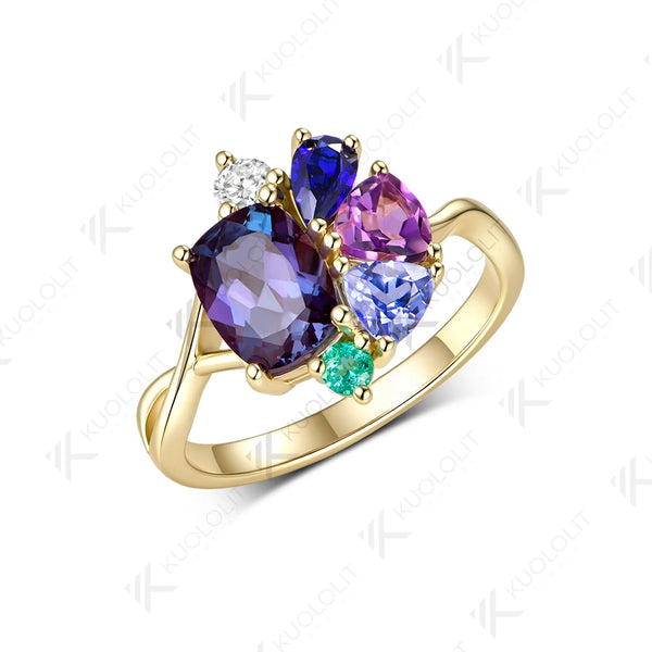 Kuololit Lab Grown Alexandrite Cushion Custom Ring for Women Solid 14K 10K 585 Yellow Gold Engagement Ring for Christmas Gift