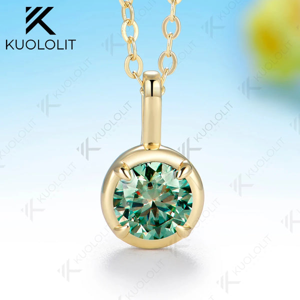 Kuololit 0.8CT Cyan Moissanite Round Necklace for Women Solid 585 14K 10K Yellow Gold Necklace for Engagement Christmas Gifts