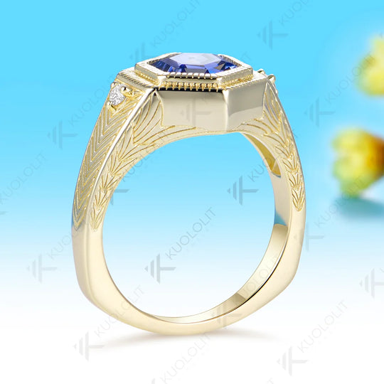 Kuololit 2CT Lab Grown Blue Sapphire Moissanite Custom Ring for Women Solid 14K 10K Yellow Gold Ring for Anniversary Christmas