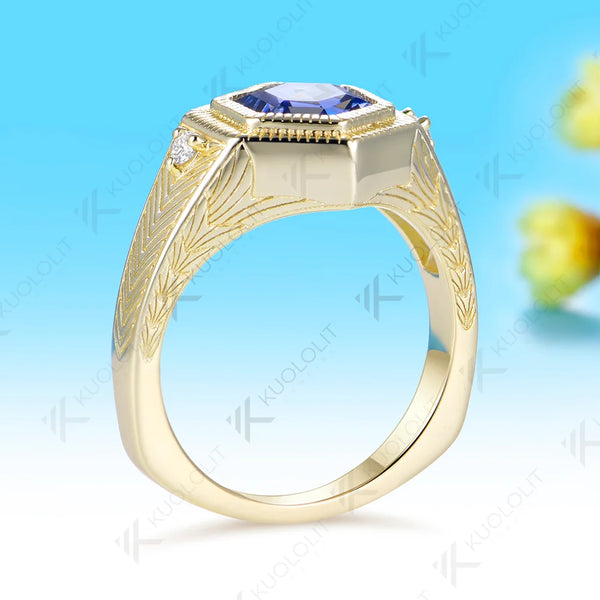 Kuololit 2CT Lab Grown Blue Sapphire Moissanite Custom Ring for Women Solid 14K 10K Yellow Gold Ring for Anniversary Christmas