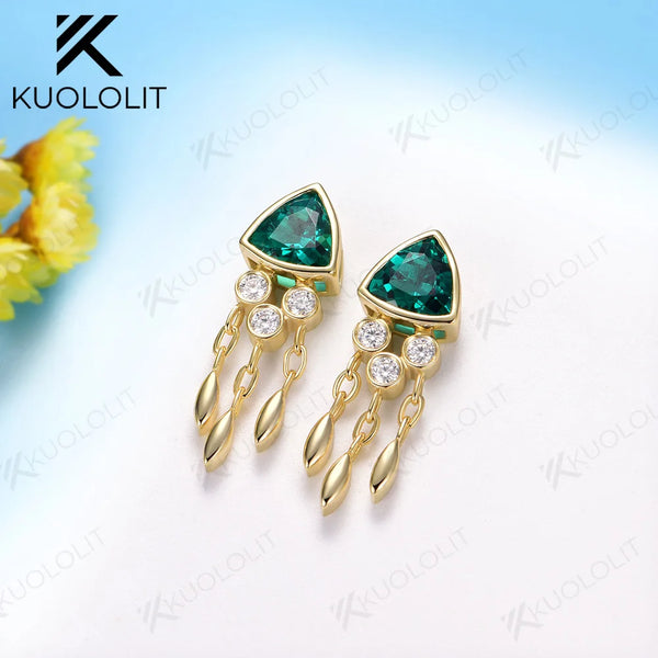 Kuololit 2.4CTW Lab Grown Emerald Jellyfish Stud Earrings for Women Solid 14K 10K 585 Gold Moissanite Earrings for Christmas