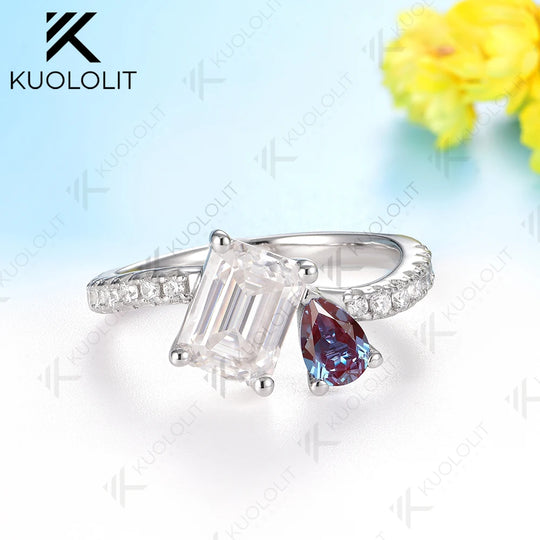 Kuololit  Lab Grown Alexandrite Moissanite  Rings for Women Solid 18K 14K 10K 585 White Gold Gemstone Ring for Christmas Gifts