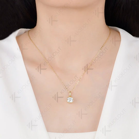 Kuololit 2.5CT Cushion Cut Moissanite Necklace for Women Solid 585 14K 10K Yellow Gold Cushion Necklace for Christmas Gift Party