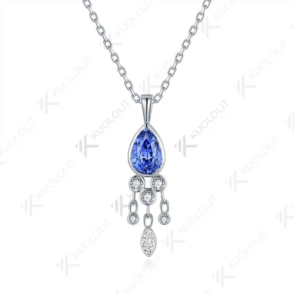 Kuololit 1.6CT Lab Grown Blue Sapphire and Moissanite Necklace for Women Solid 18K 14K 10K 585 Yellow Gold Pendant for Christmas