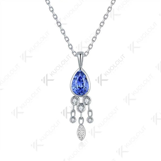 Kuololit 1.6CT Lab Grown Blue Sapphire and Moissanite Necklace for Women Solid 18K 14K 10K 585 Yellow Gold Pendant for Christmas