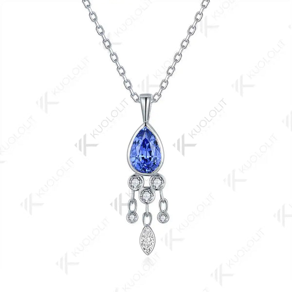Kuololit 1.6CT Lab Grown Blue Sapphire and Moissanite Necklace for Women Solid 18K 14K 10K 585 Yellow Gold Pendant for Christmas