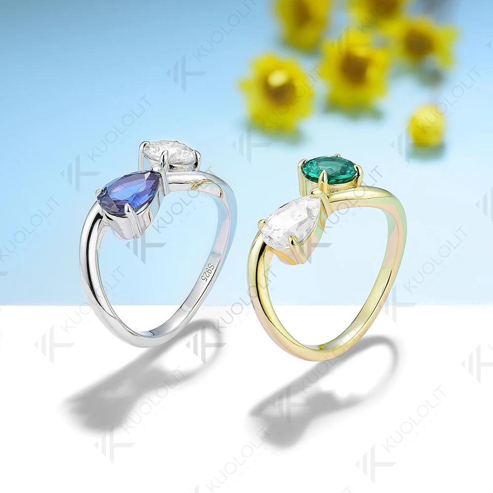 Kuololit 2CTW Lab Grown Emerald Moissanite Ring for Men Women Pure 18K 14K 10K Gold Pear Round Ring for Anniversary Engagement