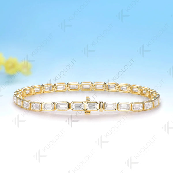 Kuololit 12CTW Emerald Cut Moissanite Custom Bracelet for Women Men 14K 10K 585 Yellow Gold for Engagement Christmas Jewelry