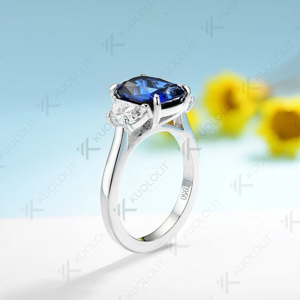 Kuololit 3CT Lab Blue Sapphire Engagement Ring for Women Solid 18K 14K 10K 585 Gold Half Moon Moissanite Ring for Christmas Gift
