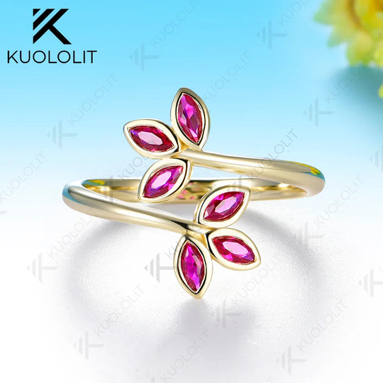Kuololit Lab Grown Ruby Leaf Custom Ring for Women Solid 14K 10K 585 Yellow Gold Engagement Ring for Christmas Gift Party Luxury