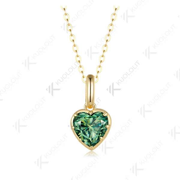 Kuololit 2CT Heart Cut Cyan Moissanite Necklace for Women Solid 585 14K 10K Yellow Gold  Necklace for Christmas Gifts Party