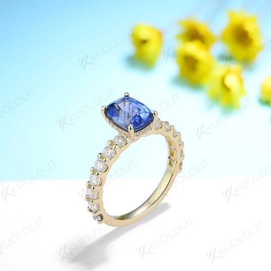 Kuololit 2CT Lab Grown Blue Sapphire Rings for Women Moissanite Solid 14K 10K 585 Yellow Gold for Engagement Wedding Christmas