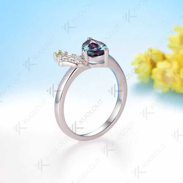 Kuololit 1.5CT Lab Grown Alexandrite Diamond  Rings for Women Solid 18K 14K 10K 585 White Gold Peridot  Ring for Christmas Gifts