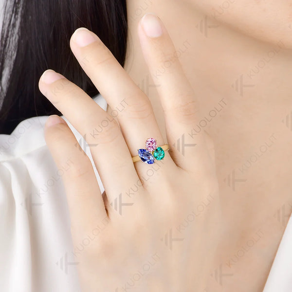 Kuololit Lab Grown Blue Sapphire Emerald Gemstones Custom Ring for Women Solid 14K 10K 585 Yellow Gold for Christmas Gifts Party