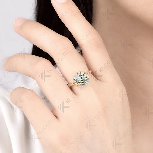 Kuololit 2CT Jubilee Cut Cyan Round Moissanite Ring for Women Solid 14K 10K 925 Sliver Yellow Gold Engagement Ring for Christmas