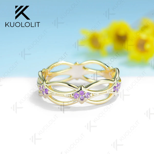 Kuololit PT900 Natural Amethyst Flower Hollow Band for Women Solid Platinum 900 Gold For Engagement Wedding Band Christmas Gifts