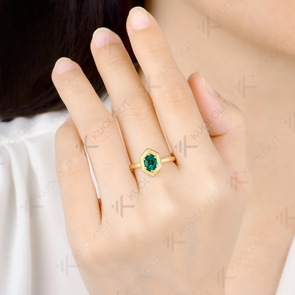 Kuololit 1CT Lab Grown Emerald Hexagon Cut Custom Ring for Women Solid 14K 10K 585 White Gold Ring for Engagement Christmas Gifts