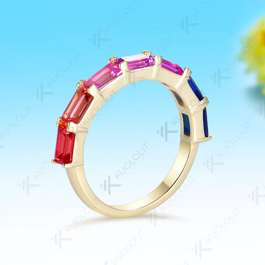 Kuololit Lab Grown Sapphire Gemstone Colorful Custom Ring for Women Solid 14K 10K  Yellow Gold Eternity Half Band for Christmas