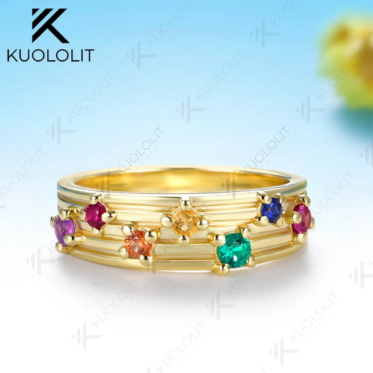 Kuololit Lab Grown Coloful Rainbow Gemstones Round Cut Custom Ring for Women Solid 14K 10K 585 Yellow Gold for Christmas Gifts