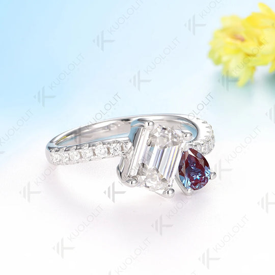 Kuololit  Lab Grown Alexandrite Moissanite  Rings for Women Solid 18K 14K 10K 585 White Gold Gemstone Ring for Christmas Gifts