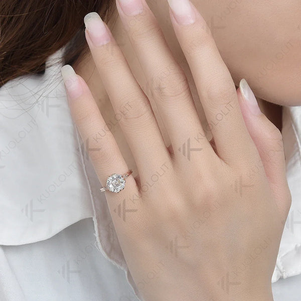 Kuololit 2.5ct Asscher Cut Moissanite Rings for Women PT950 Solid 14K 10K Rose Gold Solitaire Ring for Engagement Christmas Gift