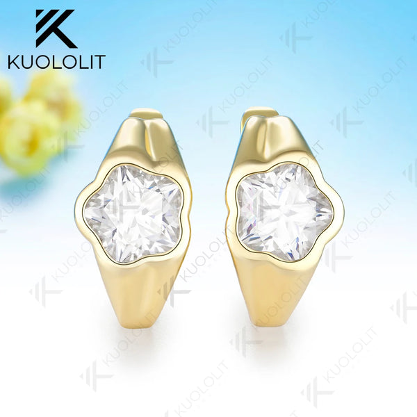 Kuololit 6CTW Moissanite Clip Earring for Women Solid 14K 10K Yellow Gold Flower Cut Plant Earring for Christmas Gift Party