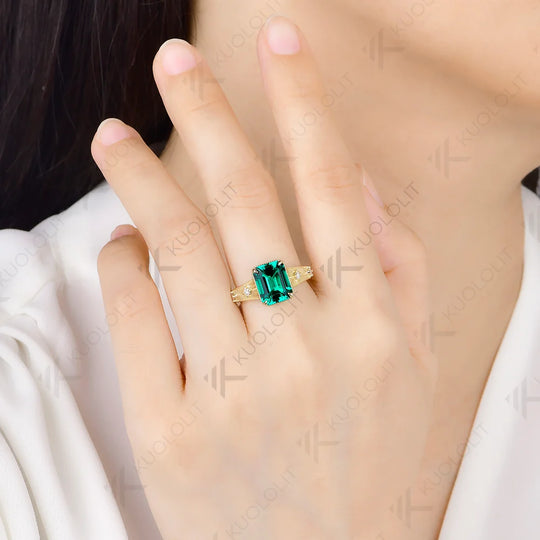 Kuololit Lab Grown Emerald Diamond Ring for Women Men Solid 14K 10K 585 Yellow Gold for Engagement Anniversary Christmas Gifts