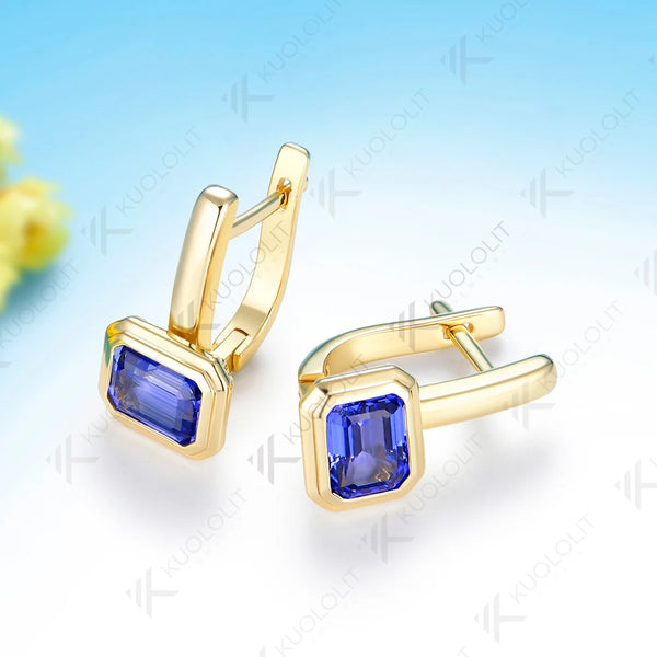 Kuololit 4CTW  Lab Grown Blue Sapphire Earrings for Women Solid 14K 10K Yellow Gold Hoop Clip Earrings for Christmas Gifts Party