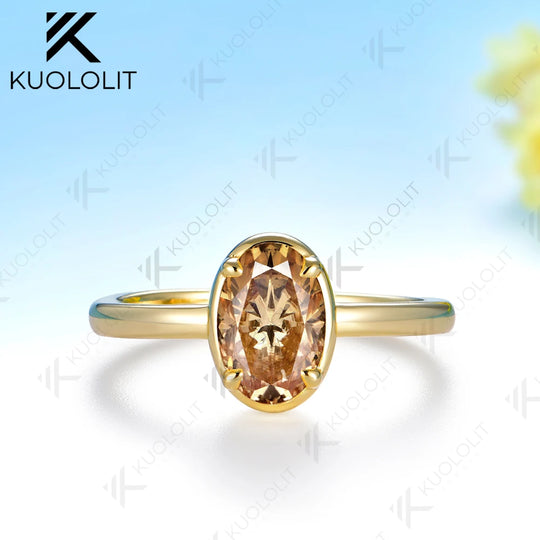 Kuololit 1.8CT Champagne Moissanite Ring for Women Solid 14K 10K Yellow Gold Engagement Oval Cut for Christmas Gifts Party