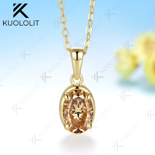 Kuololit 1.8CT Champagne Moissanite Necklace for Women Solid 14K 10K Yellow Gold Oval Cut Necklace for Engagement Christmas Gift