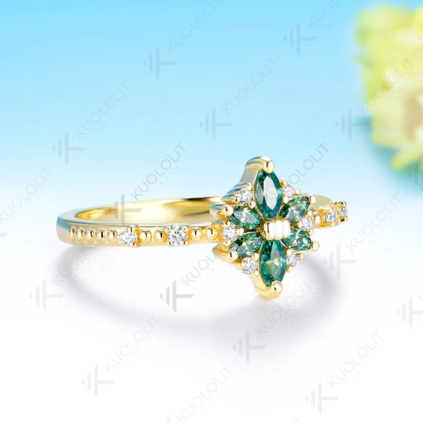 Kuololit 0.5CTW Cyan Moissanite Marquise Engagement Ring for Women Solid 14K 10K 585 Yellow Gold Flower Wedding Band for Christmas Jewelry