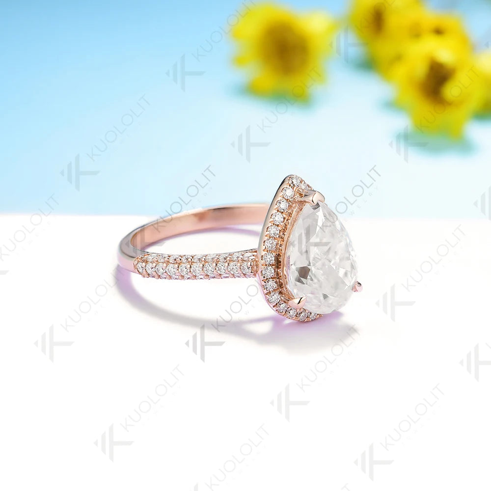 Kuololit 2CT Crushied Ice Cut Pear Moissanite Ring for Women Solid 14K 10K 585 Yellow Gold Halo for Engagement Wedding Christmas