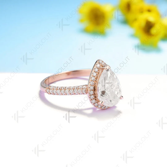 Kuololit 2CT Crushied Ice Cut Pear Moissanite Ring for Women Solid 14K 10K 585 Yellow Gold Halo for Engagement Wedding Christmas