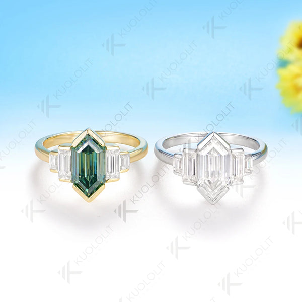 Kuololit 2.5CT Elongate Hexagon Cut Cyan Moissanite Ring for Women Solid 14K 10K 585 Yellow Gold  for Christmas Gifts Engagement
