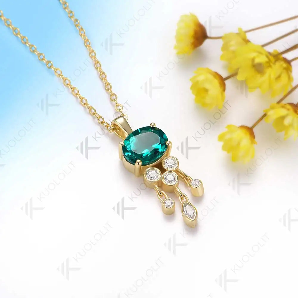 Kuololit 3CT Lab Grown Emerald with Moissanite Necklace for Women Solid 18K 14K 10K 585 Yellow Gold Oval Pendant for Christmas