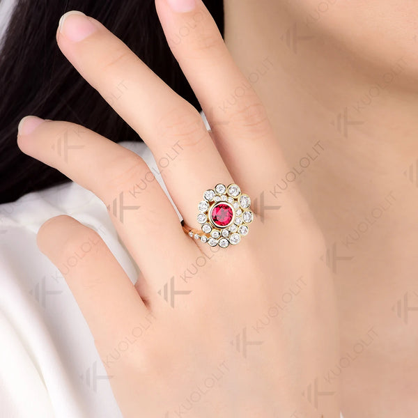 Kuololit 1CT Lab Grown Ruby Moissanite Spiral Ring for Women Solid 14K10K 585 Yellow Gold Spiral Ring for Christmas Gifts Party