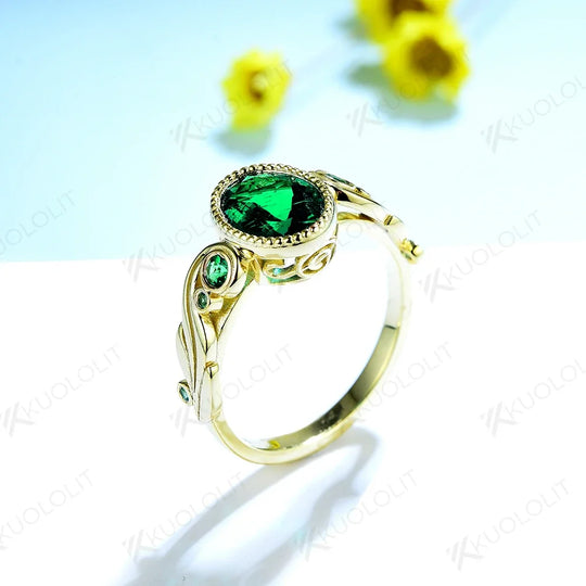 Kuololit Lab Grown Colombia Emerald Rings for Women Men Solid 585 10K Yellow Gold Oval Cut Rings for Wedding Engagement Classic