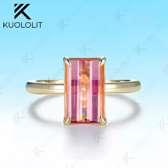 Kuololit 4.5CT Lab Grown Pink Sapphire Grid Unique Cutting Custom Ring for Women Solid 14K 10K 585 Yellow Gold for Christmas