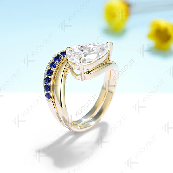 Kuololit 3CT Moissanite Engagement Ring for Women Solid 14K 10K 585 Yellow Gold Lab Blue Sapphire Pear Set Ring for Christmas